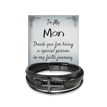 Imagem de Pulseira To My Man Pulseira de couro com cruz Jesus Cristã, pulseiras de aço inoxidável para homens, presentes de aniversário inspiradores para marido e namorado, Large, Sem Pedra Preciosa