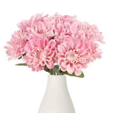Imagem de IPOPU 10 peças de flores artificiais de dália rosa de 33 cm, flores falsas de crisântemos, flor falsa para mães com haste para casa, casamento, escritório, mesa, centro de mesa, decoração floral (rosa