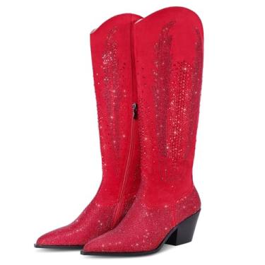 Imagem de RONILURN Botas femininas caubói, cano alto, cowgirl, ocidental, strass, bico fino, salto grosso, sapatos modernos, botas pretas altas, Altura do joelho vermelha, 41