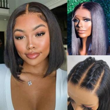 Imagem de Keytac Peruca Bob Peruca de cabelo humano frontal sem cola para mulheres negras pré-arrancadas 150% densidade 100% cabelo humano virgem brasileiro (15x6 fechamento de renda, perucas bob, 30,5 cm)