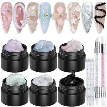 Imagem de Fcozpjk Kit de gel sólido Builder, 6 cores, gel de construção sólido não pegajoso para unhas, azul aurora, rosa, pérola, branco, com caneta de entalhe de silicone, géis rígidos para esculpir em 3D
