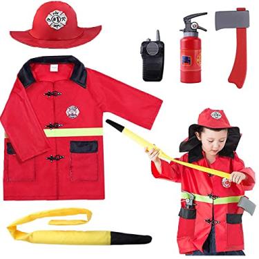 Imagem de iPlay, iLearn Kids Firefighter Costumes, Toddler Fireman Dress up, Boy Fire Pretend Chief Outfit, Halloween Role Play Career Suit W/Walkie Talkie Hose, Party Birthday Gift for 3 4 5 6 7 Year Old Girl