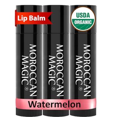 Imagem de Moroccan Magic Bálsamo labial orgânico melancia pacote com 3 | hidratante labial ultra-hidratante de argan e óleo essencial + vitamina E | Batom natural para lábios secos | suave, não tóxico |