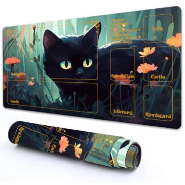 Imagem de for MTG Playmat with Zones 27.5" x 15.74" with High Elastic Rubber Base Non-Slip Rubber Sole HD Printing for MTG Mat Magic Mat Card Playmat Magic Playmat Mouse Pad,Black Cat in The Flowers