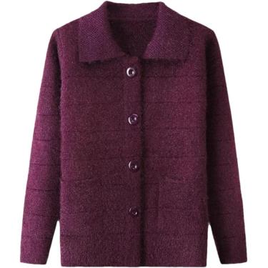 Imagem de Mulheres Malha Cardigan Suéter Meia-idade Idoso Suéter Cardigan Single-breasted Casacos De Lapela, Purple, 3XL