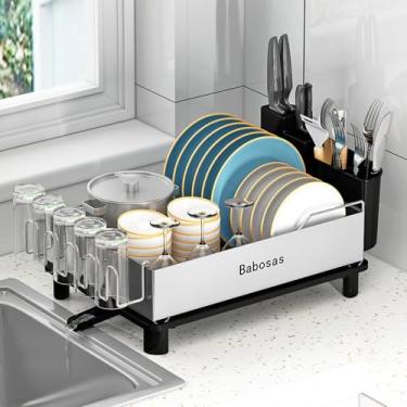 Imagem de Babosas Escorredor de pratos de aço inoxidável – Escorredor de pratos de grau 304 grande para balcão de cozinha com placa de drenagem, suporte de utensílios e prateleira de copo removível, organizador