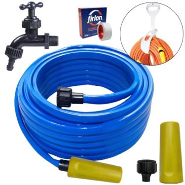 Imagem de Mangueira De Jardim 25m Metros Reforçada Chata + Suporte Alça Plástica Portátil Cinza + Torneira