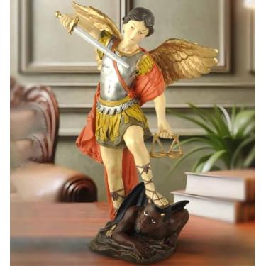 Imagem de PlentifulHome Estátua de San Miguel Arcangel de 29 cm de altura, estátua de São Miguel em resina colorida, estatueta de coleção de São Miguel Arcanjo vitoriosamente sobre Satã, estatueta de anjo