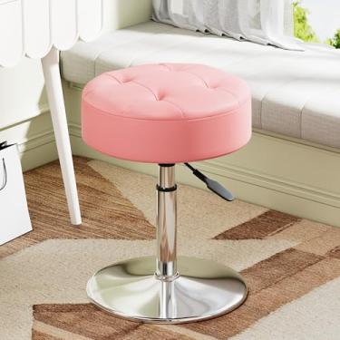 Imagem de Youtanic Banqueta com altura ajustável, cadeira otomana giratória de 360° para adultos, banquinho de maquiagem redondo acolchoado com suporte estável para quarto, banheiro, dormitório, rosa