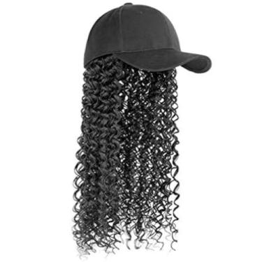 Imagem de YEKEYI Peruca de cabelo humano peruca de beisebol peruca cacheada onda profunda peruca chapéu perucas (chapéu preto peruca preta comprida)