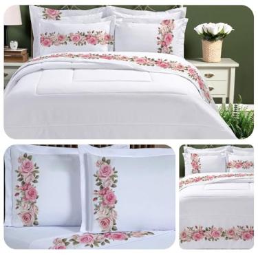 Imagem de Jogo de Lençol Estampado Queen ou King Percal 300 Fios Peletizado 04 Peças Rosas (Casal Padrão)