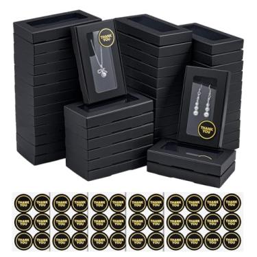 Imagem de DELORIGIN 60 caixas de presente 14 x 8 x 2 cm caixa de embalagem de papelão com janela pequena caixa de exibição de armazenamento 60 adesivos para colares, pulseiras, brincos, joias, presente (preto)
