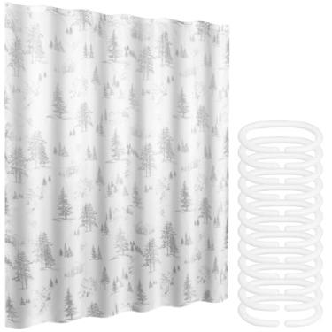 Imagem de Cortina de chuveiro de banheiro, 70,87 × 70,221 cm, estampa de pinheiro de montanha de neve com 12 ganchos de plástico, tecido para decoração de banheiro, poliéster à prova d'água, lavável na máquina