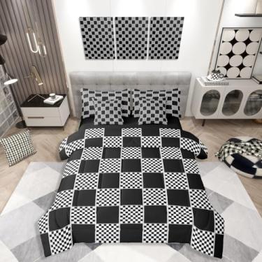 Imagem de Erosebridal Jogo de cama de casal geométrico quadriculado com 7 peças, preto e branco, buffalo, xadrez, jogo de cama quadriculado para crianças, meninos e adolescentes, moda moderna