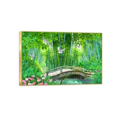 Imagem de Impressão em tela de paisagem - imagem moderna de arte de parede da natureza - pássaros da ponte da floresta de bambu - Pôster moldura dourada para decoração de casa de banho 20 x 30 cm 8 x 12 pol