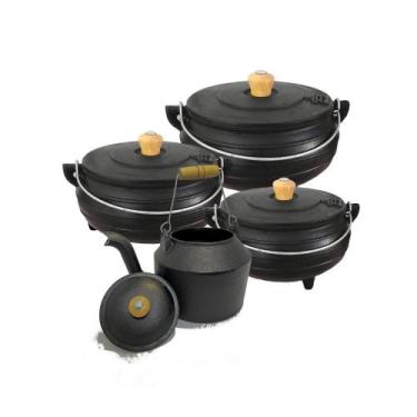 Imagem de Jogo De 3 Panela De Ferro Mineira Tripé Com Chaleira Nº 9 - Casa E Jar