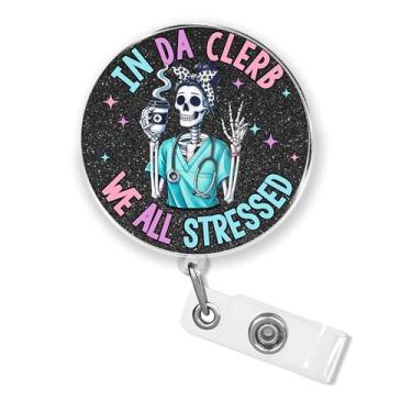 Imagem de Carretel de crachá In Da Clerb We All Stressed de 4 cm com clipe retrátil, saúde mental, engraçado, cuidados de saúde, enfermeira médica, enfermagem, material acrílico, acessórios de crachá para