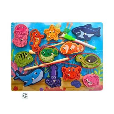 Imagem de Encaixe 3x1 Pescaria Alinhavo Quadro Branco MDF Fundo do Mar Toymix Br