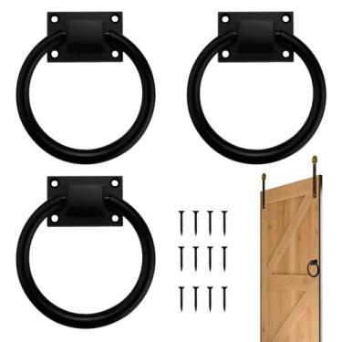 Imagem de Roucerlin Pacote com 3 puxadores pretos para porta de celeiro deslizante com parafusos, puxador de porta de liga de zinco, ferragens para portão de anel externo para garagem, fazenda, corredor, cerca