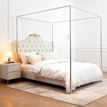 Imagem de Bastões para cama de dossel de aço inoxidável, armação de metal, 4 cantos, postes, suporte de moldura adequado para cama de metal e madeira (completo, prata)