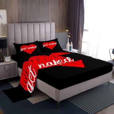 Imagem de Homewish Jogo de cama king Get Naked Graffiti vermelho com coração de amor, decoração de quarto de casal para meninas, meninos, mulheres, lençol com elástico, lençol de cima, 2 fronhas