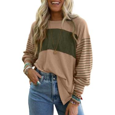 Imagem de Moletom feminino Dokotoo, manga comprida, listrado, grande, cáqui páli