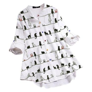 Imagem de Blusa feminina casual com estampa de gato manga comprida com decote em