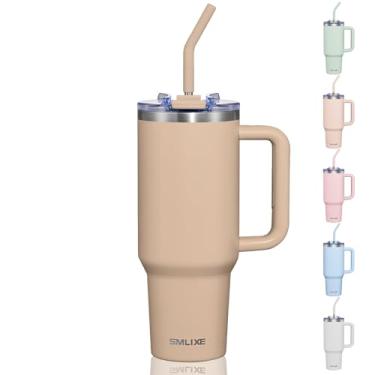 Imagem de COKTIK Copo de 1,134 g com alça e tampa de palha, caneca de café de viagem isolada a vácuo copo de aço inoxidável isolado para bebidas, à prova de vazamento, adequado para porta-copos (noite escura)