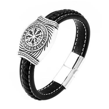 Imagem de OIDEA Pulseira masculina de couro com bússola viking: pulseiras de nó celta de runa viking para homens pulseira de aço inoxidável com fecho amuleto nórdico joias presentes, 9.45", Aço inoxidável, Sem