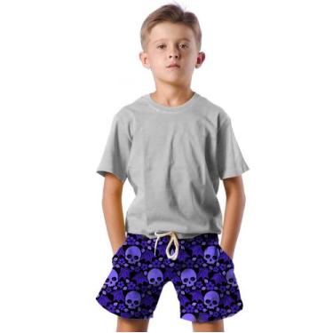 Imagem de Shorts Infantil Bermuda Calção Praia Verão Caveira Morcego Flores Roxo