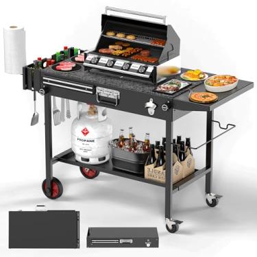 Imagem de FATOK Mesa de grelha portátil com rodas, para suporte de chapa Blackstone de 43 a 55 cm, estação de preparação de churrasco dobrável com bandeja de temperos