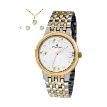 Imagem de Relógio de Pulso Feminino Prata com Detalhes Dourados Champion Kit CN24155C