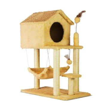 Imagem de Arranhador para Gatos com Casinha, Rede Suspensa e Brinquedos Interativos (Bege)