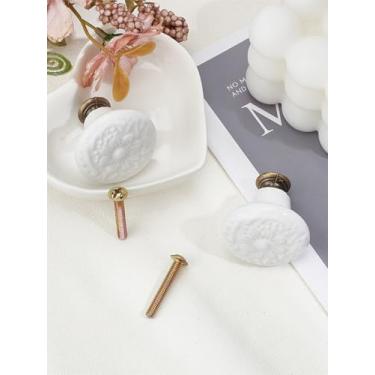 Imagem de 2 maçanetas de porta de armário de porcelana, puxadores de gaveta de cozinha brancos puxadores planos redondos com trava de armário de padrão floral para armário e corredor, quarto, banheiro, 34 x 32