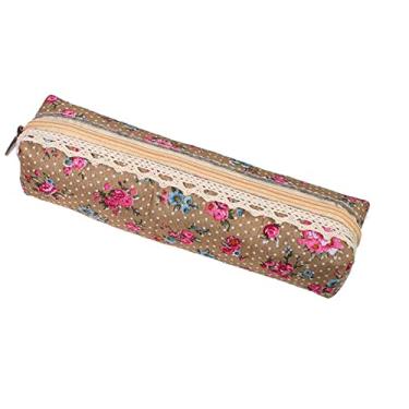 Imagem de Estojo de lápis para estudante material escolar bolsa com zíper vintage floral bolsa de cosméticos de renda (cáqui)
