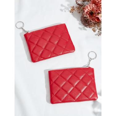 Imagem de 2 bolsas com zíper de couro PU padrão losango, carteiras com porta-moedas com chaveiro para viagens, 96 x 128 x 14 mm, Firebrick