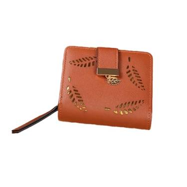 Imagem de Carteira feminina curta dobrável com folhas, compartimento para cartões, porta-moedas, carteira pequena, fivela com zíper, porta-moedas, vazada, moderna, porta-cartões, Marrom, Simplicidade