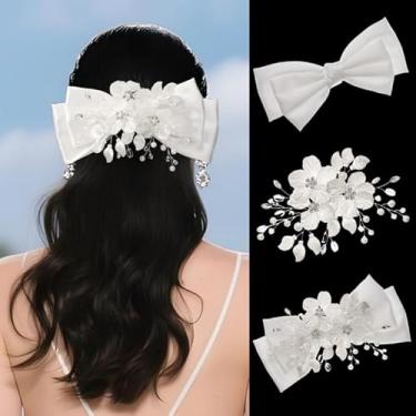 Imagem de Elegante grampo de cabelo branco de flores de strass com pérola e laço requintado gancho de cabelo para casamento romântico acessórios de cabelo para mulheres