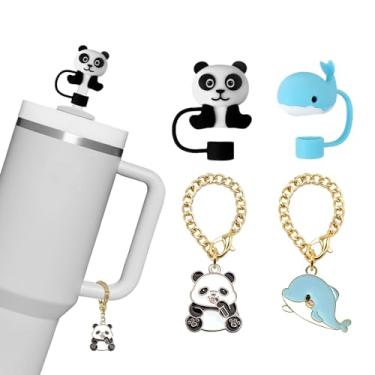 Imagem de 2 peças 10 mm capa de palha em forma de animais e 2 peças de berloque fofo, à prova de poeira, reutilizável, de silicone, tampas compatíveis com Stanley 30 & 1,134 g copos com alças (preto e azul)