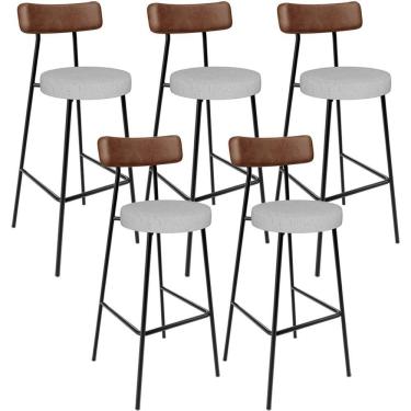 Imagem de Kit 05 Banquetas Alta Cozinha Bar Sala Jantar Milão L02 Couríssimo Marrom Linho Cinza - Lyam Decor