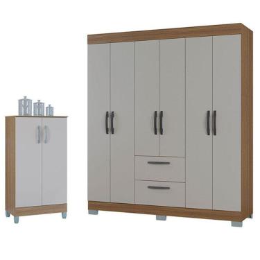 Imagem de Guarda Roupa Casal Tóquio 6 Portas Com Armário Multiuso 2 Portas Pequeno Castanho Off White - Poquema