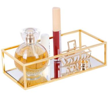 Imagem de Bandeja Espelhada Retangular Metal Decoração Lavabo Quarto Dourada 23x