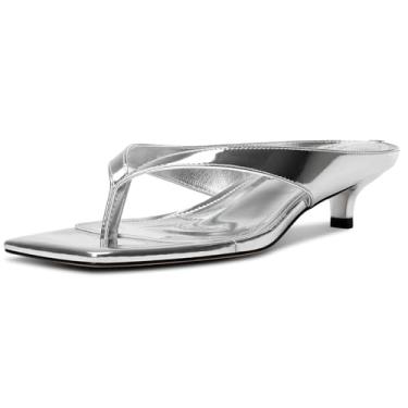 Imagem de TNYNFBEB Sandália feminina com salto baixo gatinho, salto aberto, dedo do pé aberto, tanga mules, slingback, vestido de festa de formatura, básico, clássico, salto de 3,5 cm, Prata, 36