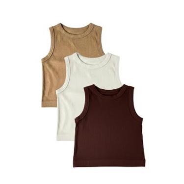 Imagem de Kit 3 Regatas Cropped Caneladas Femininas Off-White Caramelo e Terracota-Feminino