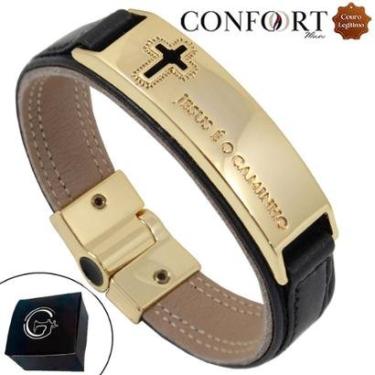 Imagem de Pulseira Masculina Magnética de Couro Preto Caminho Dourado Grafite-Unissex