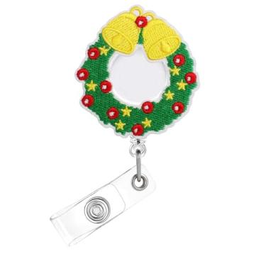 Imagem de Carretel de crachá de Natal, emblema bordado de feltro de guirlanda para crachá de identificação, suporte de crachá retrátil de sino de estrelas, acessórios de clipe de jacaré para enfermeiras