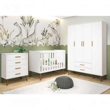 Imagem de Jogo De Quarto Retrô Para Bebê Completo 4 Portas Isis Branco Fosco - Moveisaqui