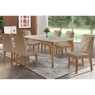 Imagem de Kit Mesa Londrina Tampo Vidro 180cm + 6 Cadeiras Melissa Imbuia Linho Turim