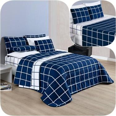 Imagem de Kit Cobre Leito Solteiro Dustin 200 Fios Com Jogo De Lençol - 5 Peças Marinho