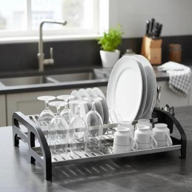 Imagem de Escorredor de Louça 20 Pratos Preto em aço Inox Cama com Porta Talher 